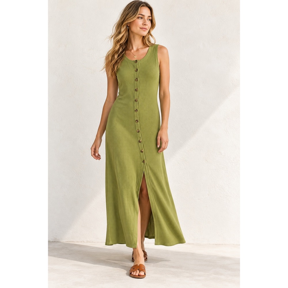 Line and Dot Chartreuse Ribbed Knit Button Down Maxi Dress LD4383B Green Medium